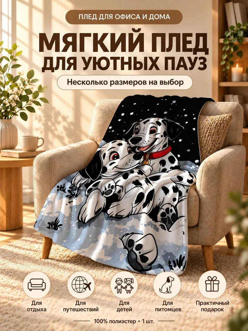 Плед с мультяшными споттированными собаками и надписью на английском языке 80×120 см