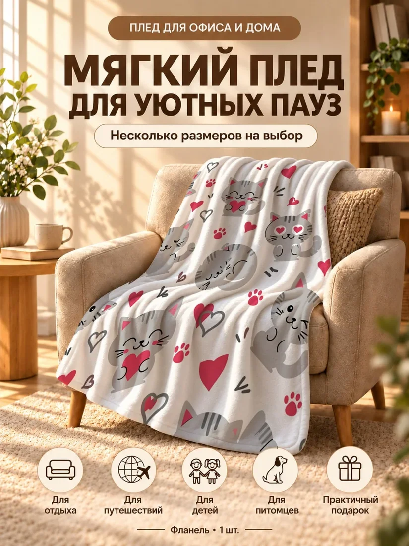 Плед с серыми полосатыми котами и красными сердцами на светлом фоне 80×120 см