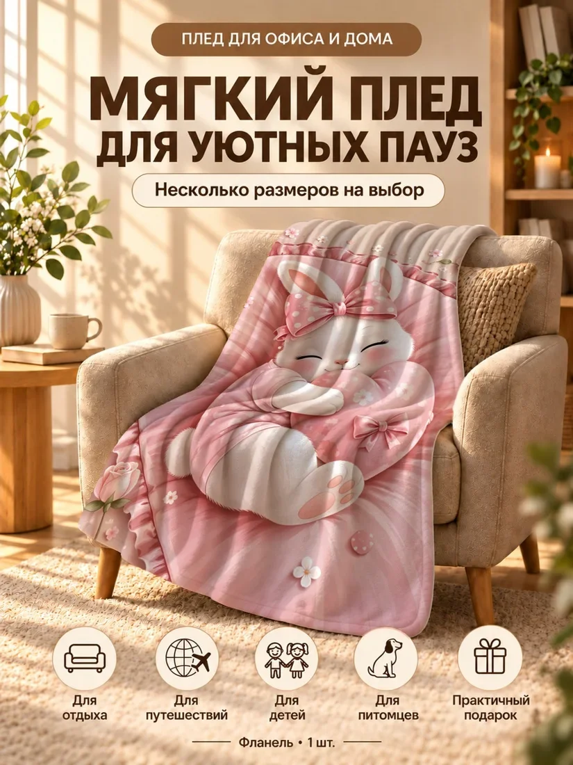 Плед с мультяшной кроличьей фигурой в розовом наряде на розовом фоне 100×150 см