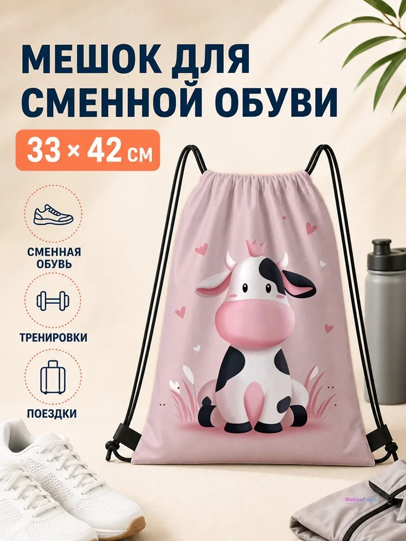 Мешок для сменной обуви с коровой и сердечками 33×42 см