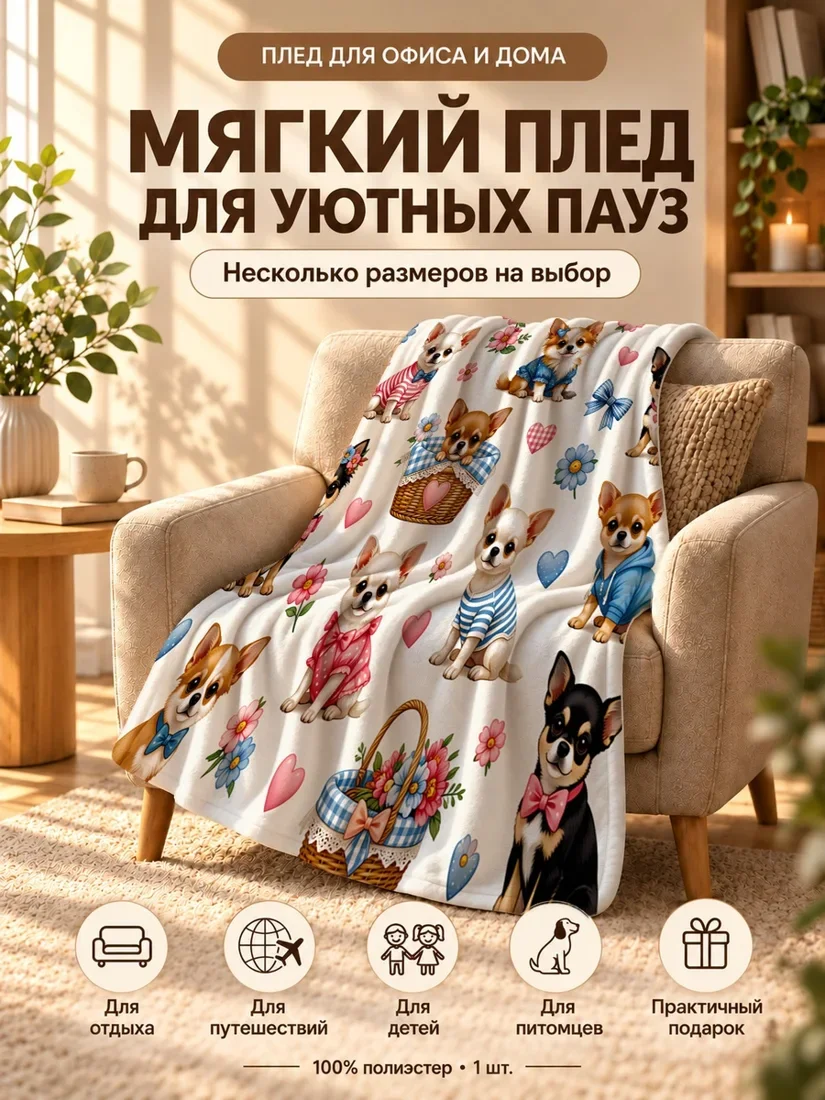 Плед с милыми чихуахуа и цветами в розовых и синих тонах 80×120 см