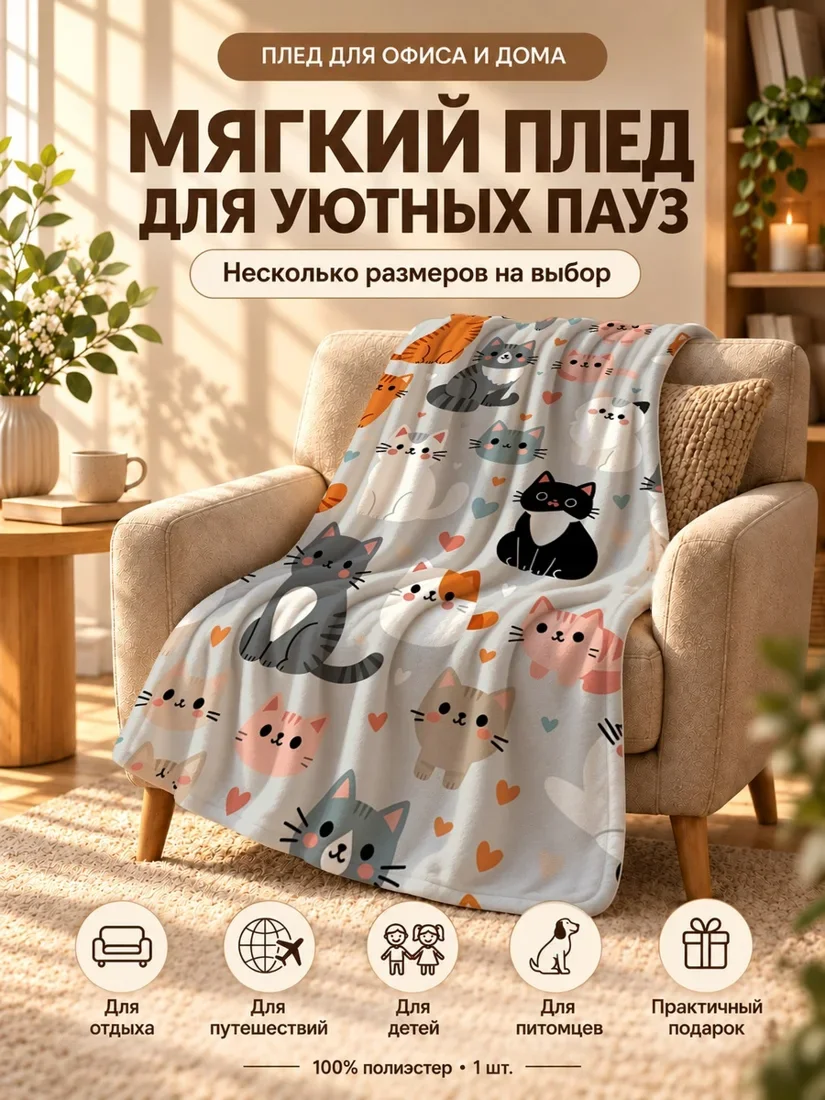 Плед с разноцветными мультяшными котами и сердечками на светло-сером фоне 80×120 см