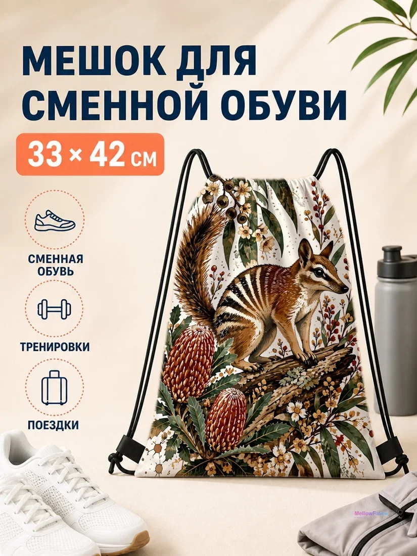 Мешок для сменной обуви с рисунком ежа и цветами 33×42 см