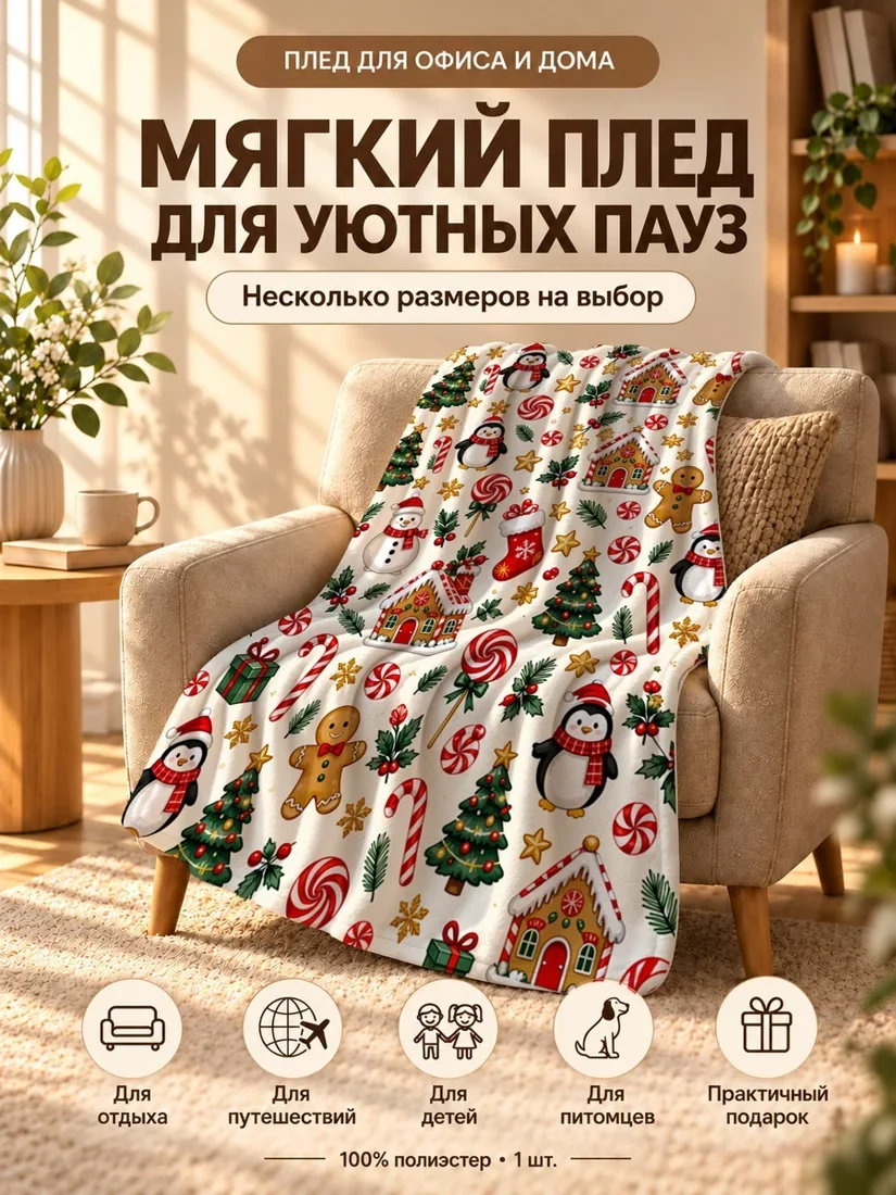 Плед с мультяшными пингвинами, елочками и пряниками на светло-кремовом фоне 80×120 см