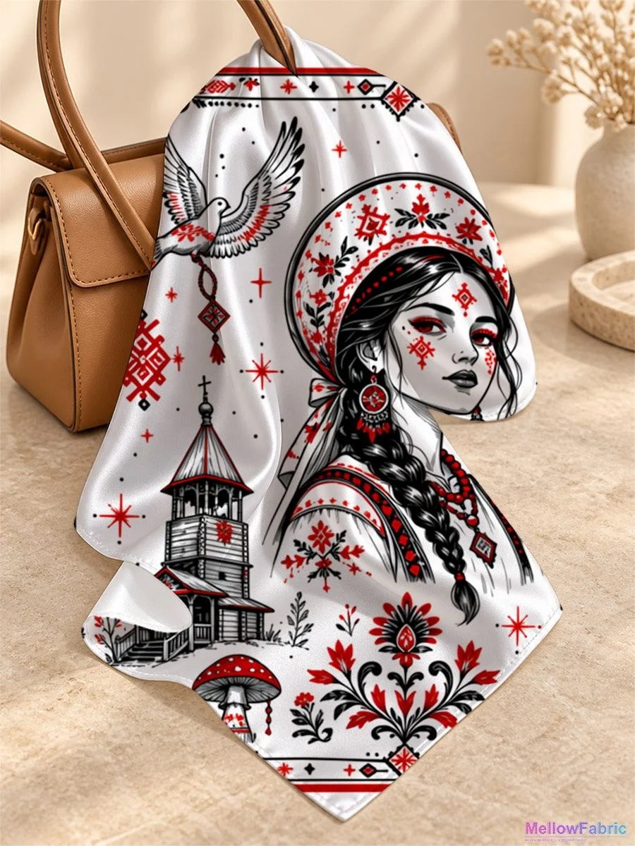 Платок женский с русалкой, птицей и церковью 91×91 см