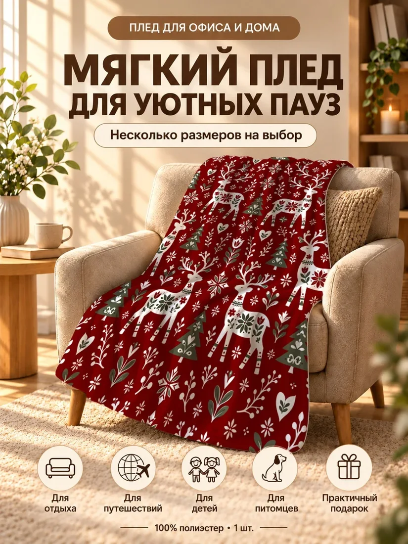 Плед с оленями, елочками и снежинками на темно-бордовом фоне 80×120 см
