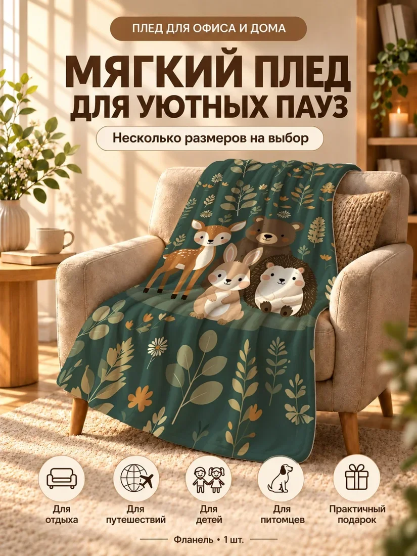 Плед с мультяшной семейкой оленя, медведя, кролика и ежей на фоне с листьями и цветами 80×120 см
