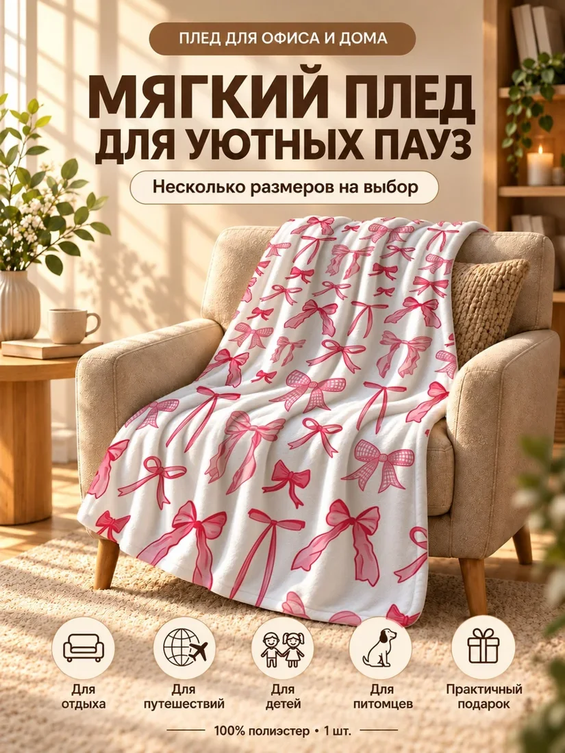 Плед с розовыми бантиками разных размеров на белом фоне 80×120 см