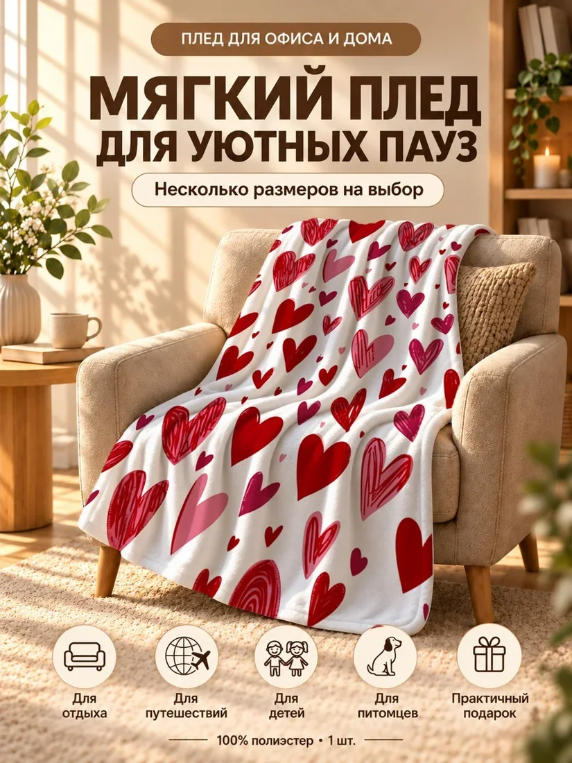 Плед с крупными красными сердцами и мелкими розовыми сердечками на белом фоне 80×120 см