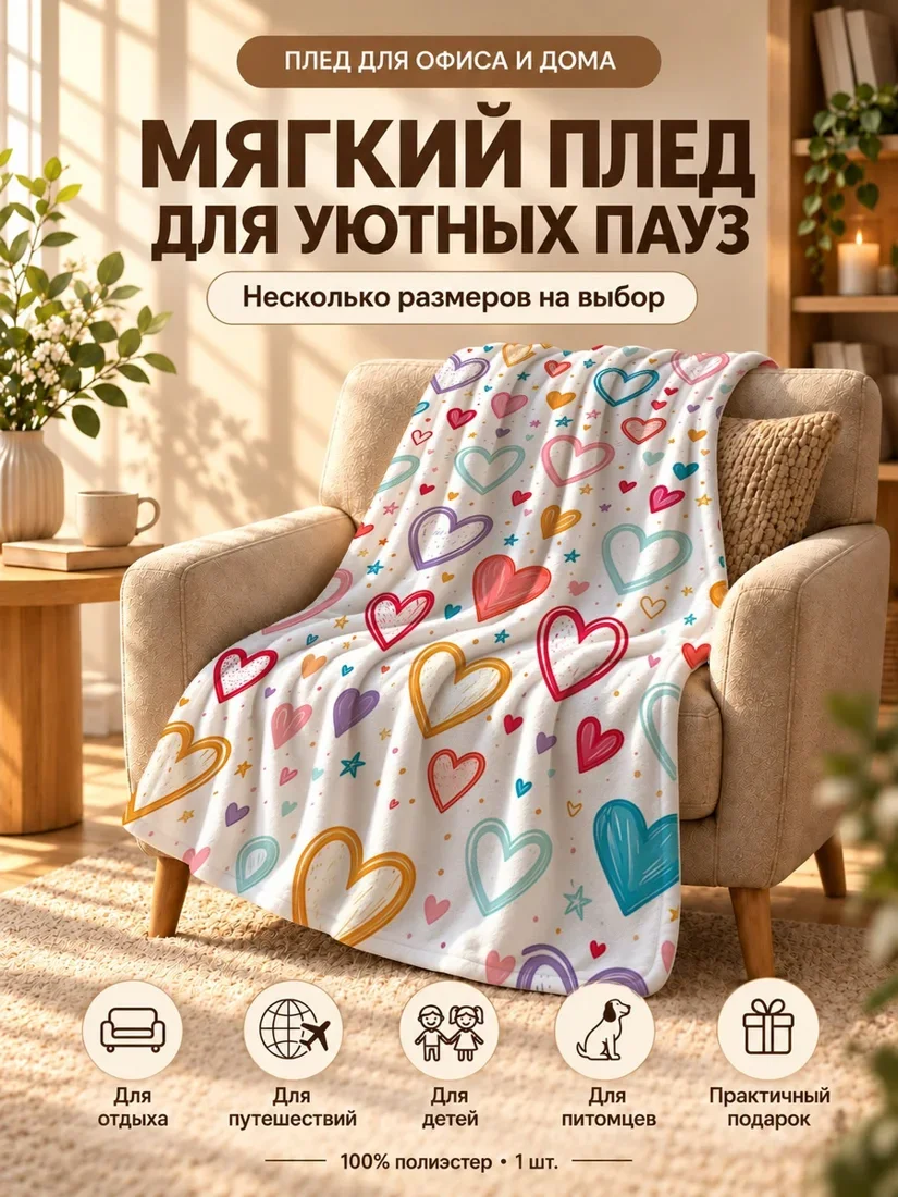 Плед с крупными разноцветными сердцами и звездами на белом фоне 80×120 см