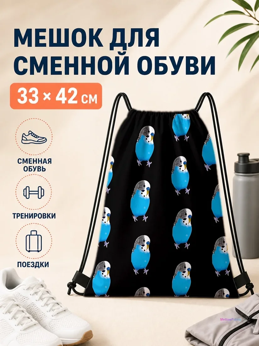 Мешок для сменной обуви с голубыми попугаями 33×42 см