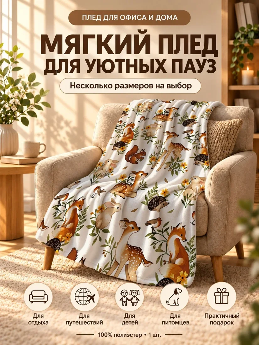 Плед с милыми лесными животными: зайцем, лисой, белкой, ежом, птицами и цветами на светло-бежевом фоне 80×120 см