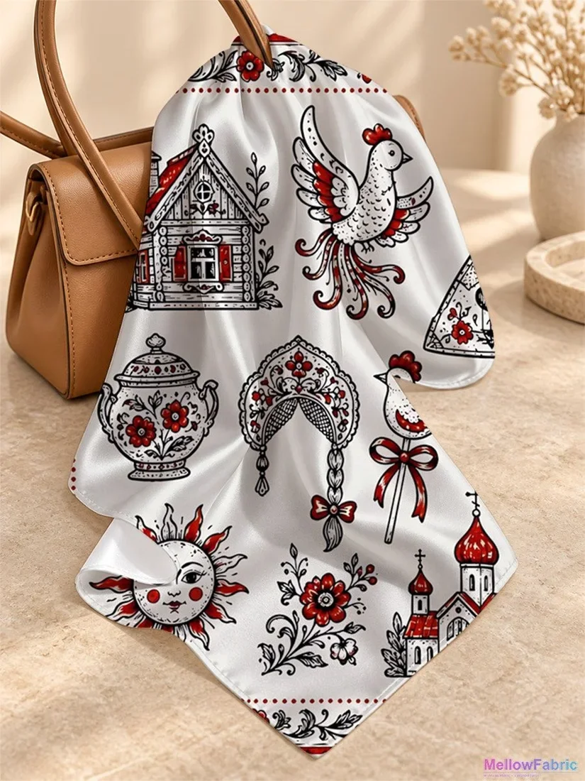 Платок женский с церковью, колокольчиком и церковью 91×91 см