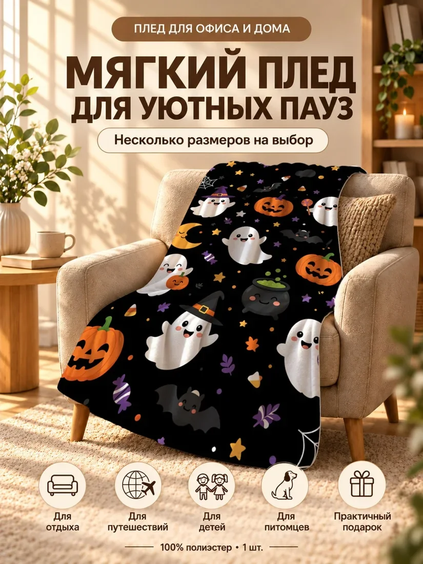 Плед с мультяшными привидениями, тыквами и черепашками на темном фоне 80×120 см