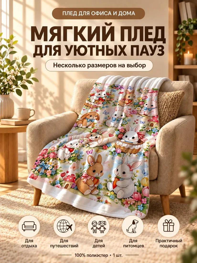 Плед с мультяшными кроликами, цветами и муравейниками на светло-розовом фоне 80×120 см