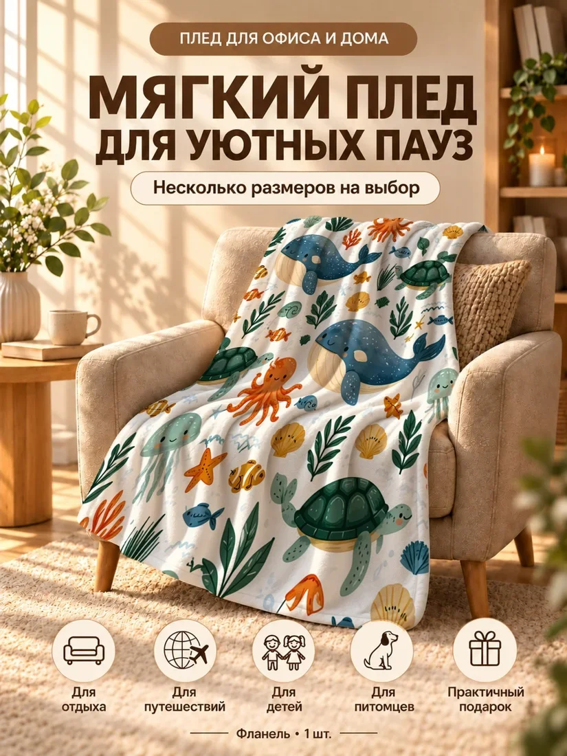 Плед с голубыми китами, черепахами и осьминогами на светлом фоне 80×120 см