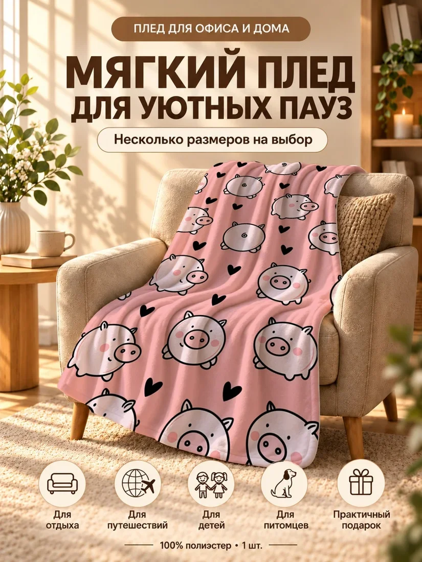 Плед с мультяшными розовыми свиньями и черными сердцами на розовом фоне 80×120 см