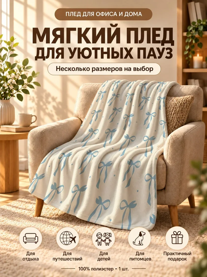 Плед с синими бантиками и точками на светло-кремовом фоне 80×120 см