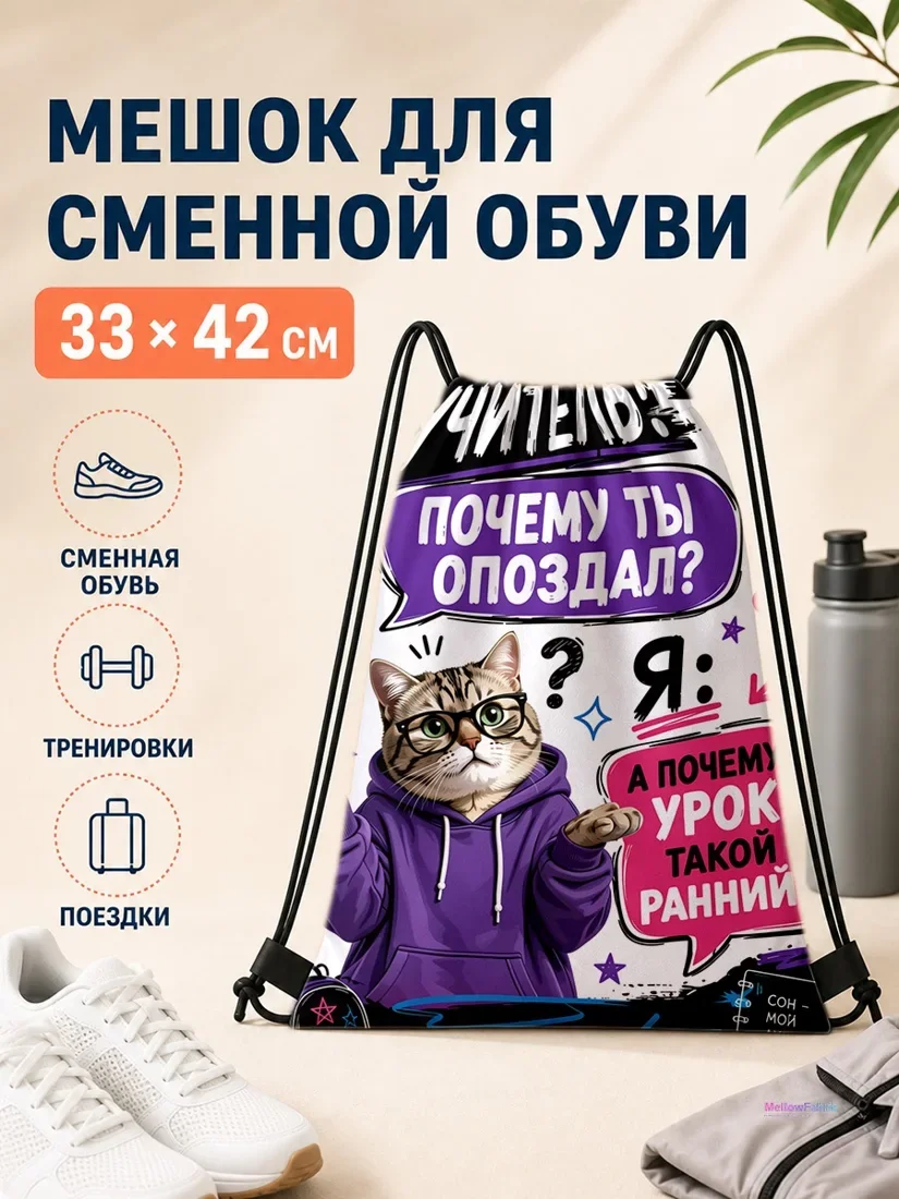 Мешок для сменной обуви с котом в очках и вопросительными знаками 33×42 см