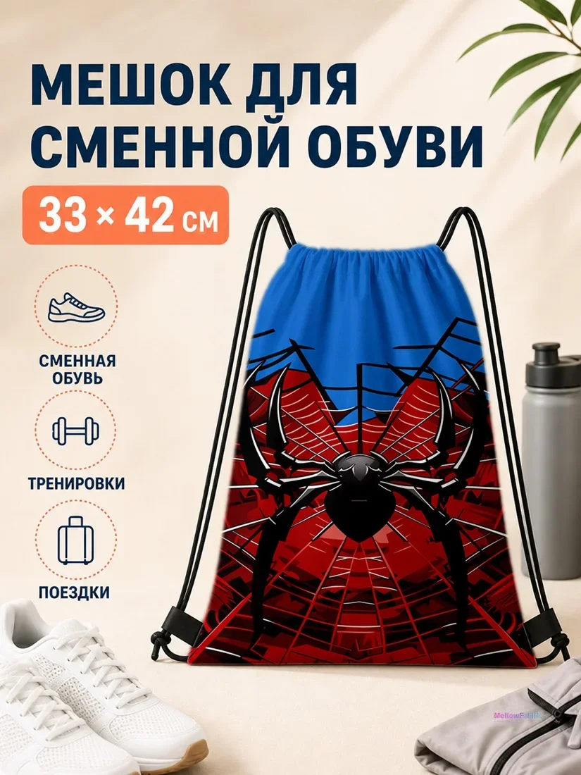 Мешок для сменной обуви с черным пауком и паутинкой 33×42 см