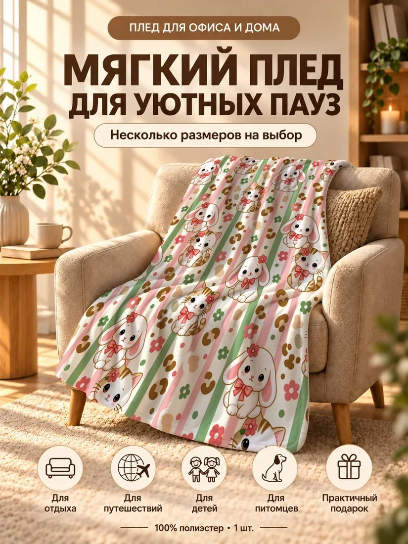 Плед с мультяшными котятами и зайцами с цветами и бантиками на фоне с полосками 100×150 см