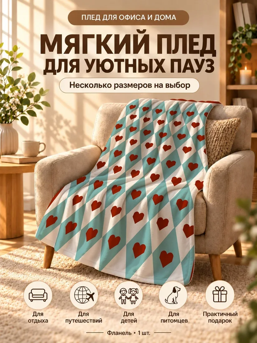 Плед с красными сердцами внутри бирюзовых ромбов на бежевом фоне 100×150 см
