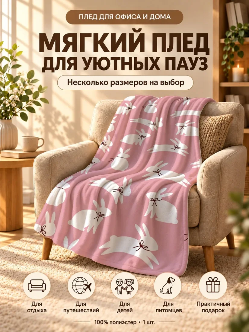Плед с белыми зайцами и бантиками на розовом фоне 80×120 см