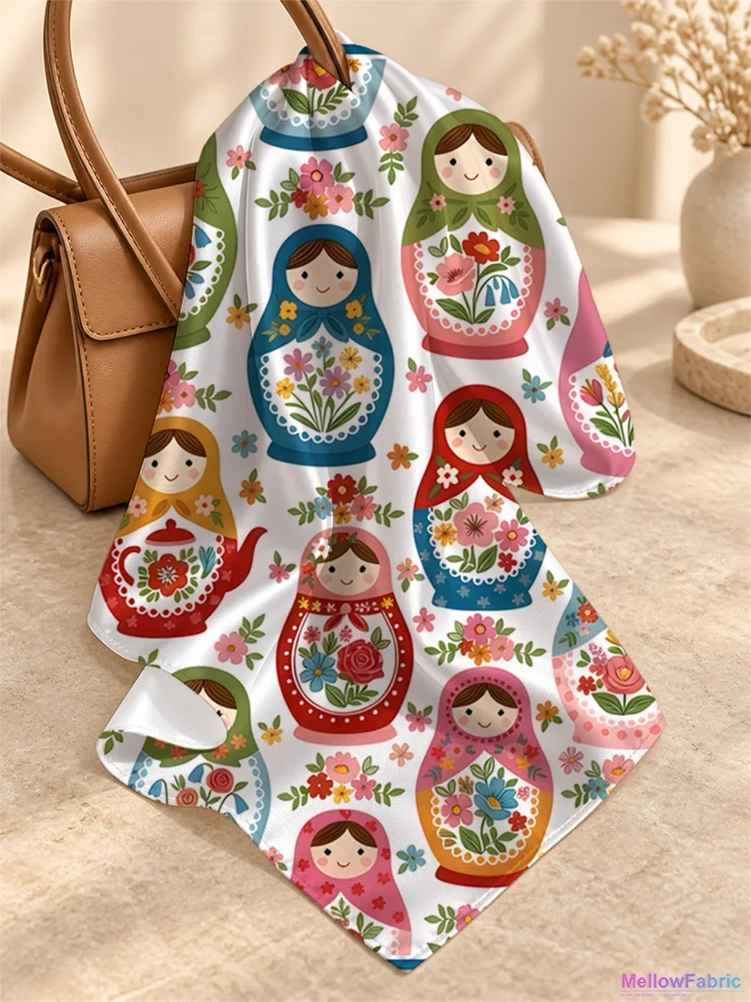 Платок женский с матрёшками и цветами 91×91 см