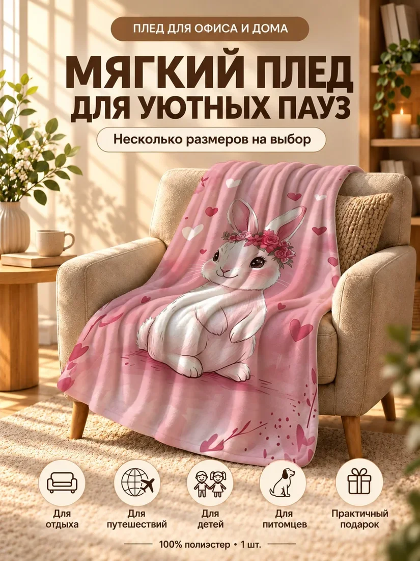 Плед с мультяшным белым кроликом в цветочном венке на розовом фоне 80×120 см