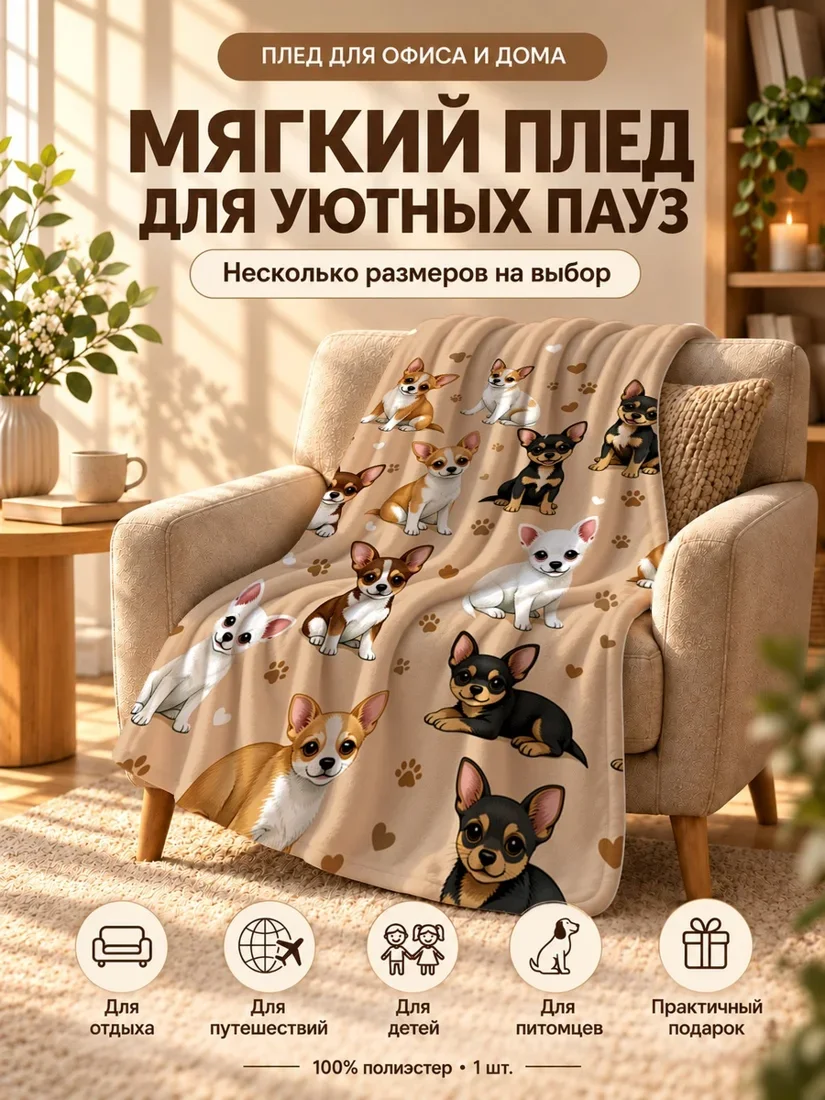 Плед с мультяшными чихуахуа, сердечками и лапками на светло-бежевом фоне 80×120 см