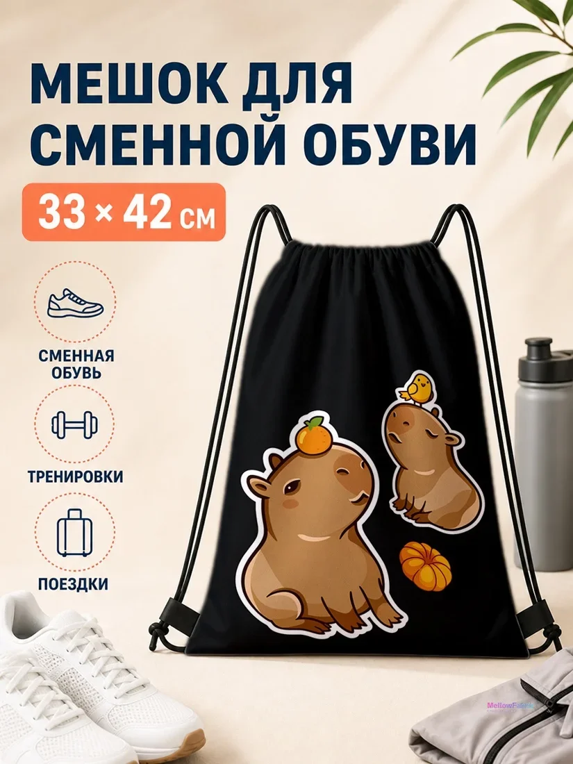 Мешок для сменной обуви с копирами и персиками 33×42 см