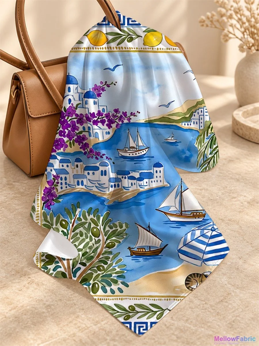 Платок женский с морем, якорями, китом и пальмой 91×91 см