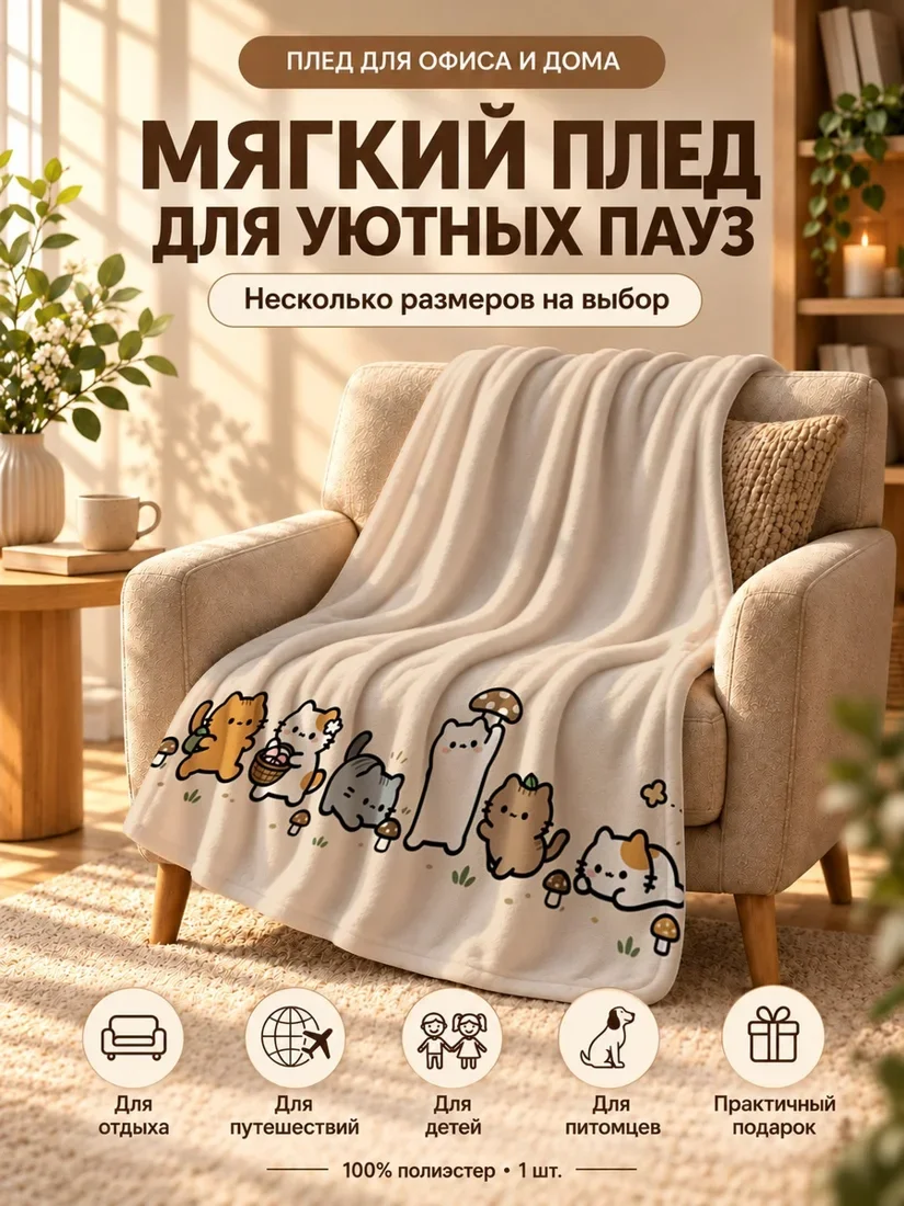 Плед с забавными мультяшными котами, грибками и травами на светло-бежевом фоне 100×150 см