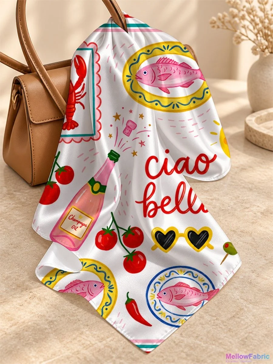 Платок женский с крабом, рыбой и текстом Ciao Bella 91×91 см