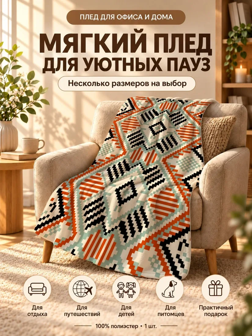 Плед с геометрическим узором из ромбов, треугольников и полос в оранжево-бежевых тонах 80×120 см