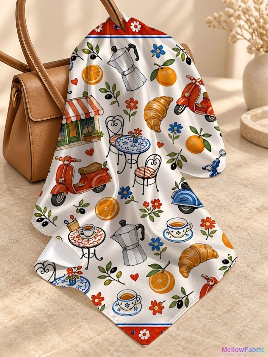 Платок женский с мотоциклами и круассанами 91×91 см
