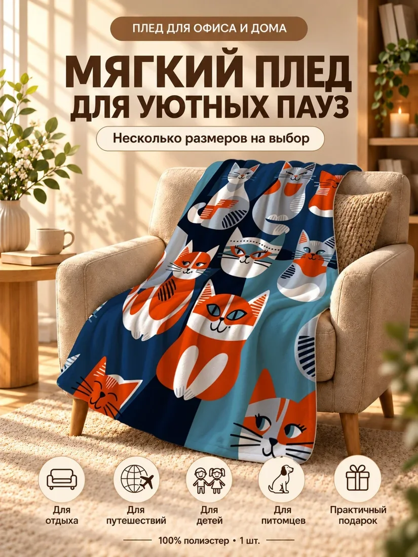 Плед с принтом разноцветных кошек на синем фоне 100×150 см