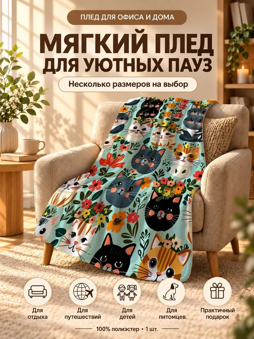 Плед с мультяшными котами и цветами на светло-голубом фоне 80×120 см