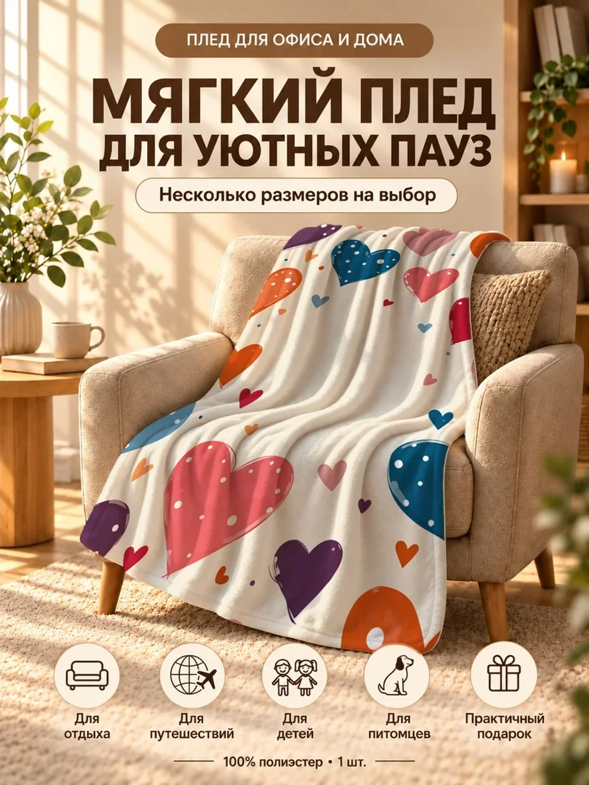 Плед с разноцветными сердцами с белыми точками на кремовом фоне 80×120 см