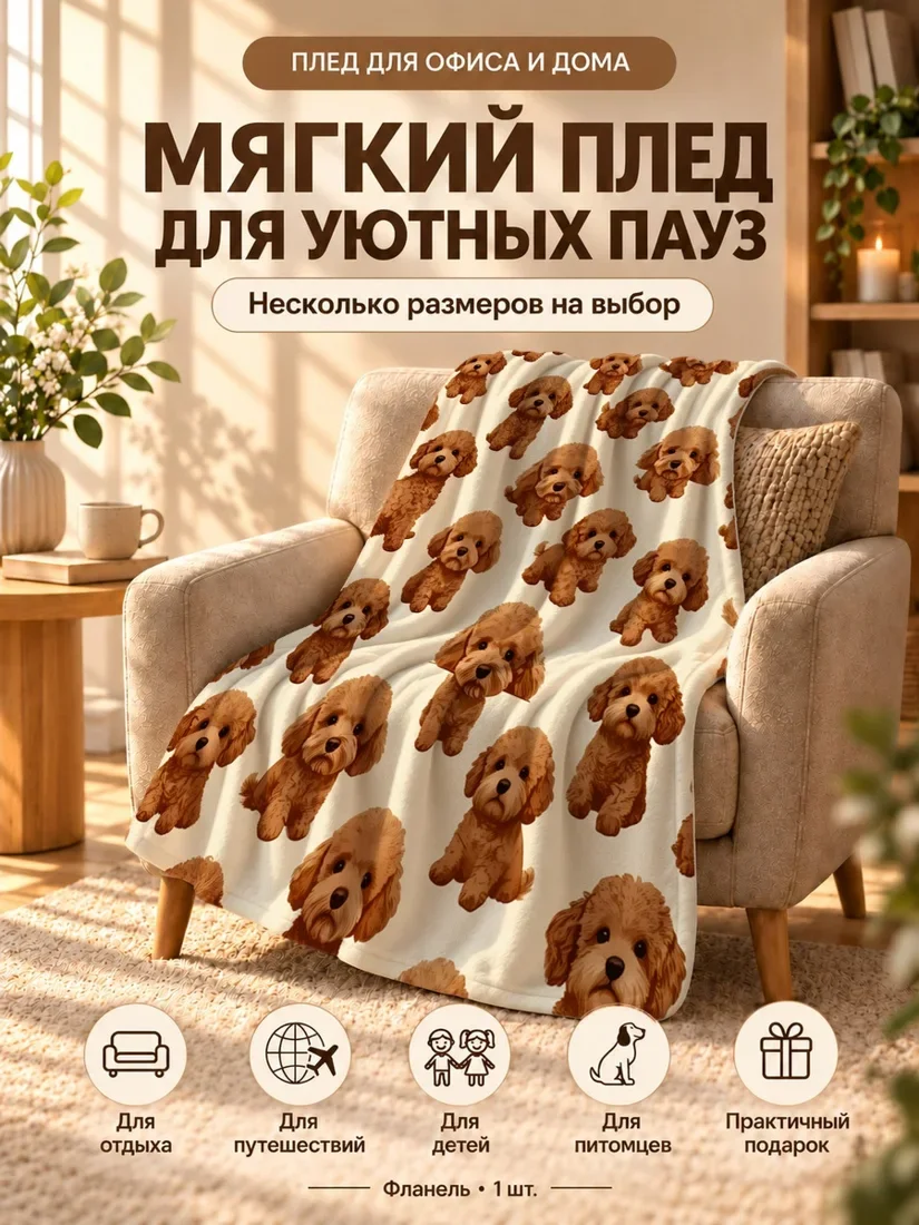 Плед с мультяшными коричневыми собаками на светло-бежевом фоне 80×120 см