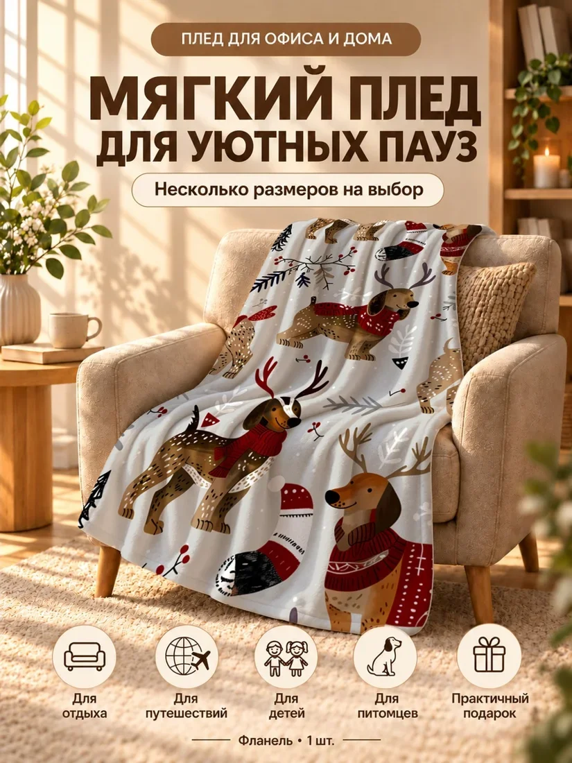 Плед с мультяшными собаками в свитерах на сером фоне 80×120 см