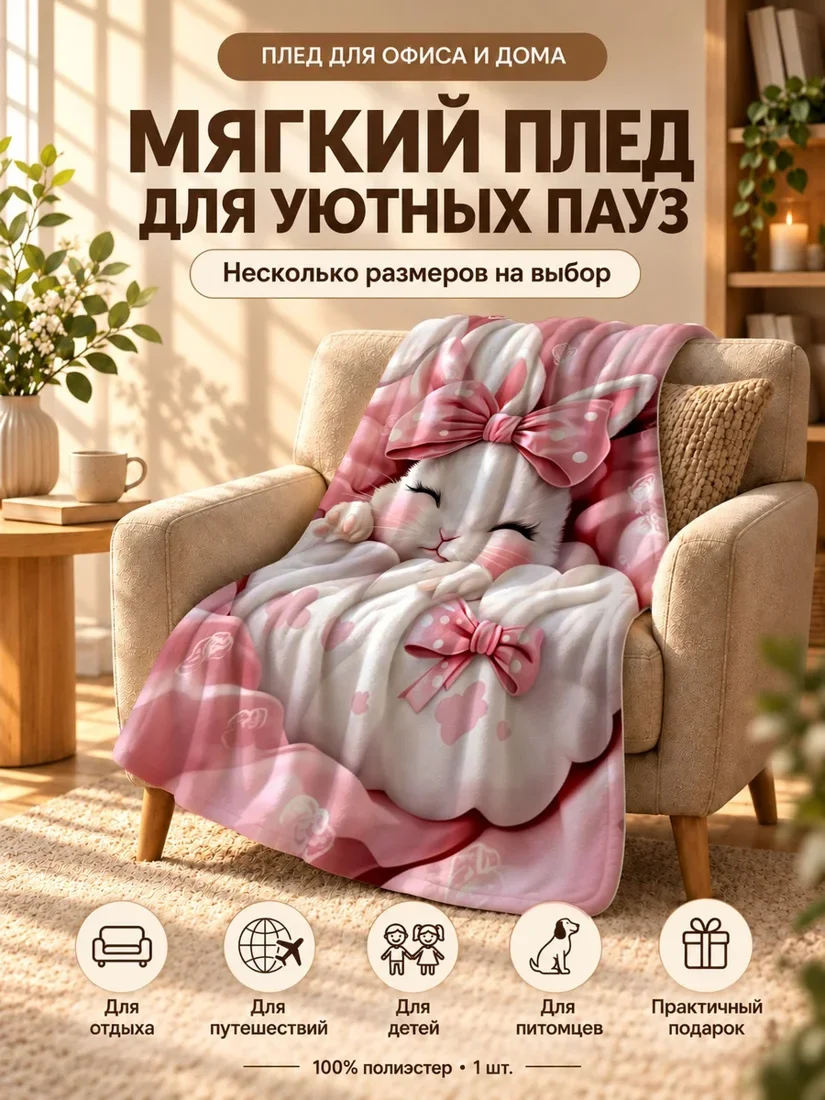 Плед с милым белым кроликом в розовом банте на розовом фоне 100×150 см