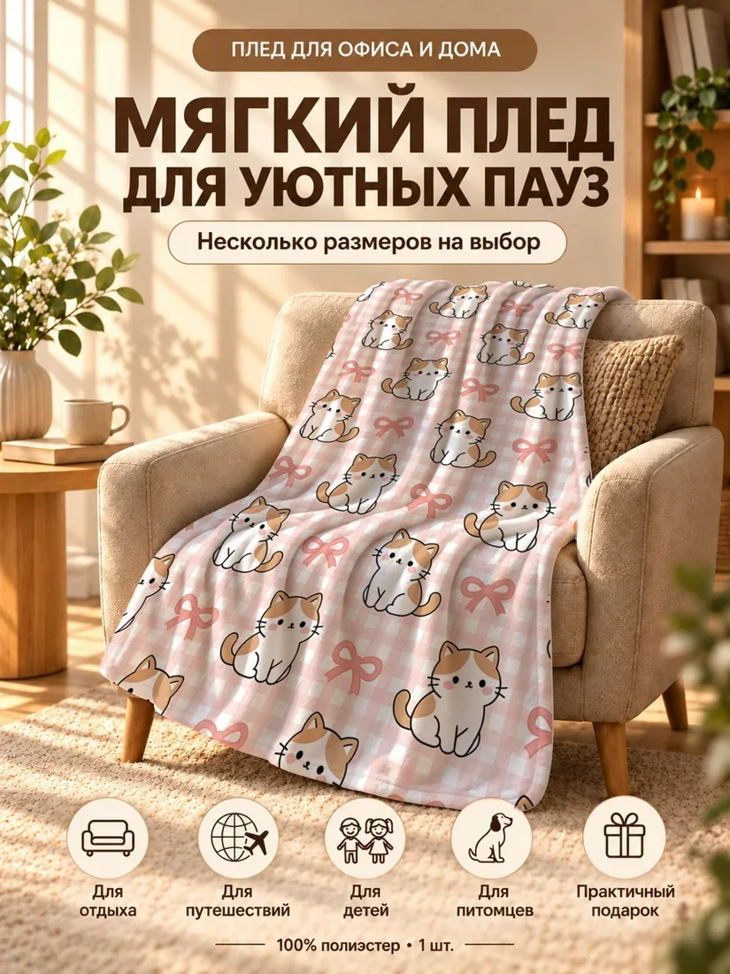 Плед с мультяшными рыжими котами и розовыми бантиками на клетчатом розовом фоне 80×120 см