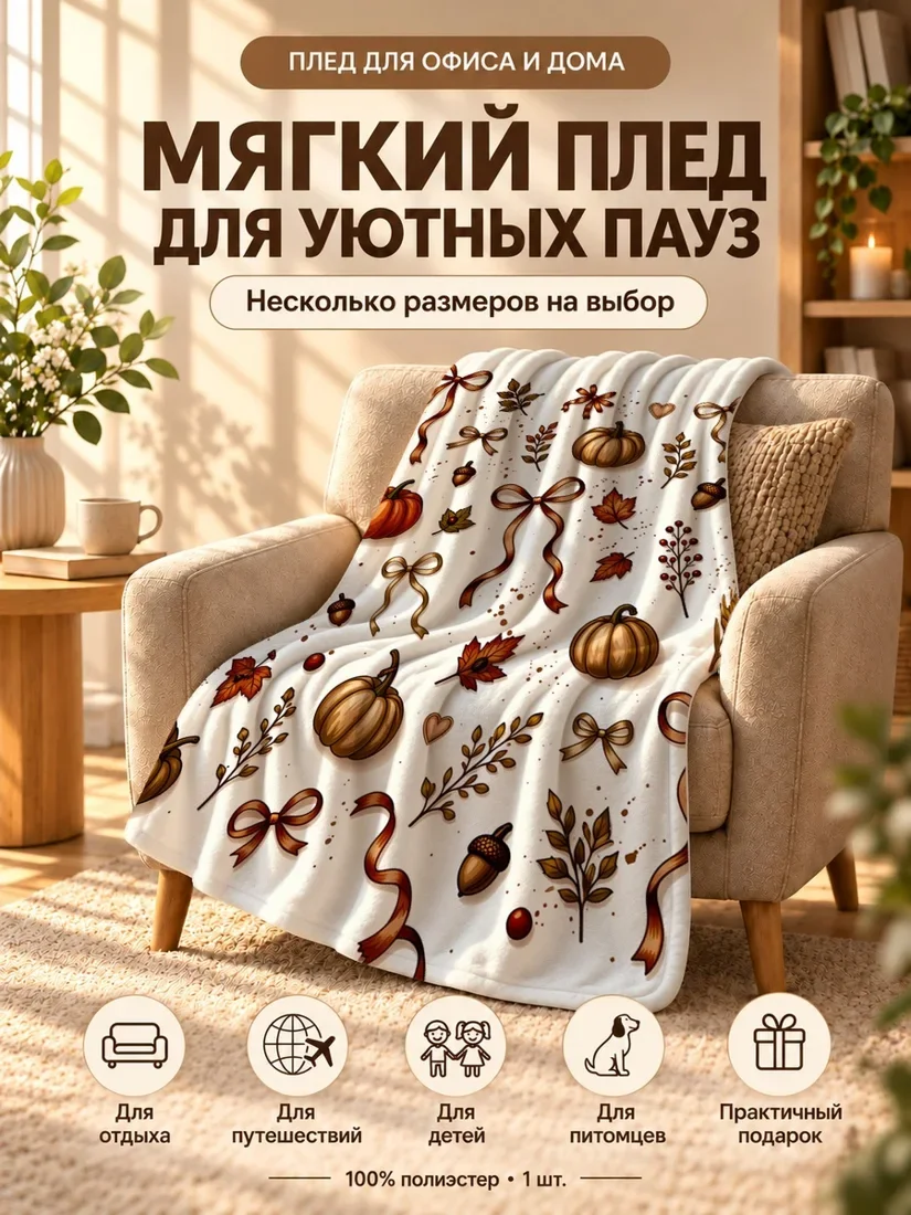Плед с тыквой, листьями, желудями и бантами на светло-бежевом фоне 100×150 см