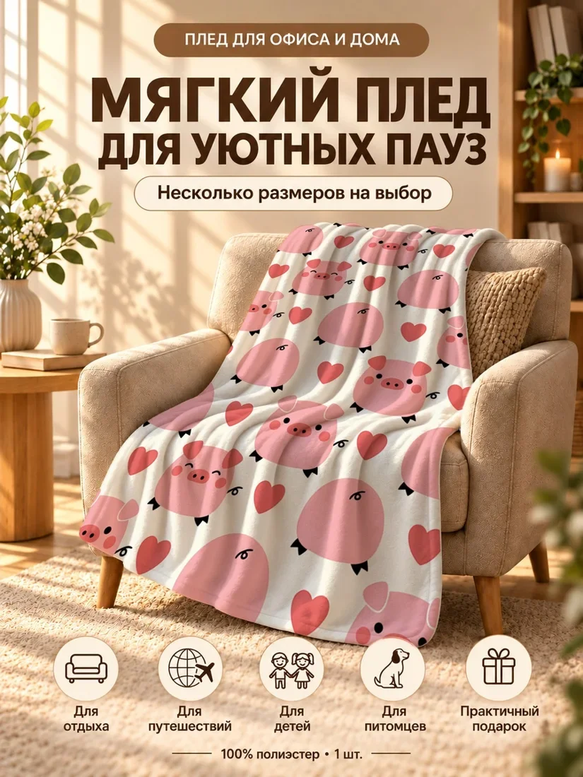 Плед с мультяшными розовыми свиньями и сердечками на светло-бежевом фоне 80×120 см