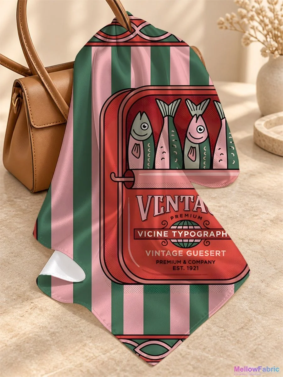 Платок женский с консервой рыбы и надписями VINTAGE 91×91 см