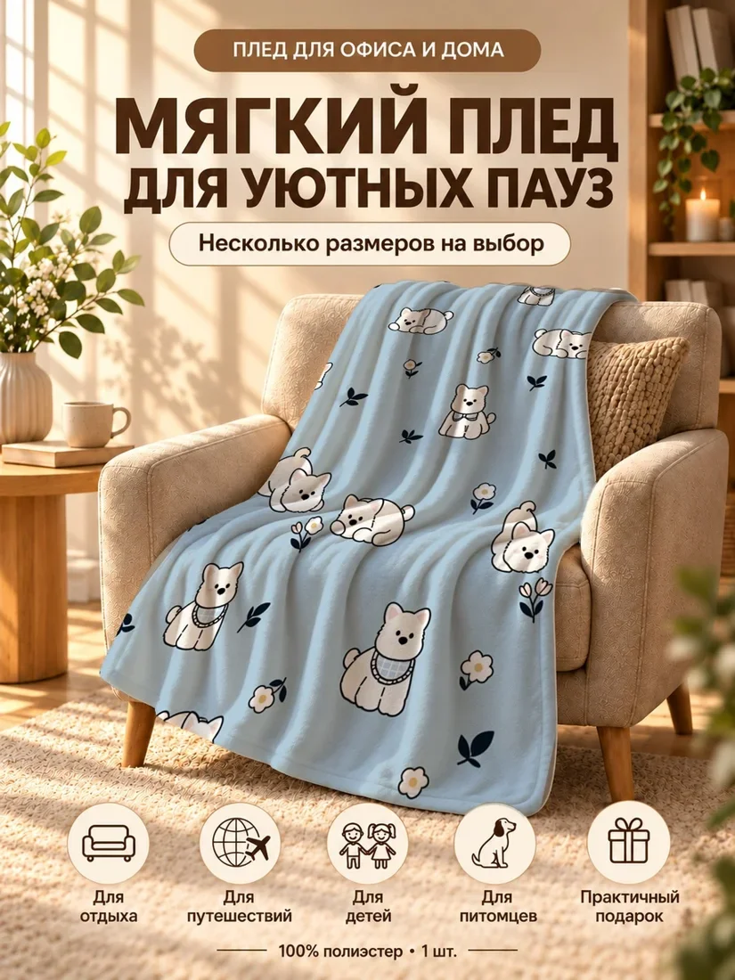 Плед с мультяшными белыми собаками и цветочным принтом на светло-голубом фоне 80×120 см