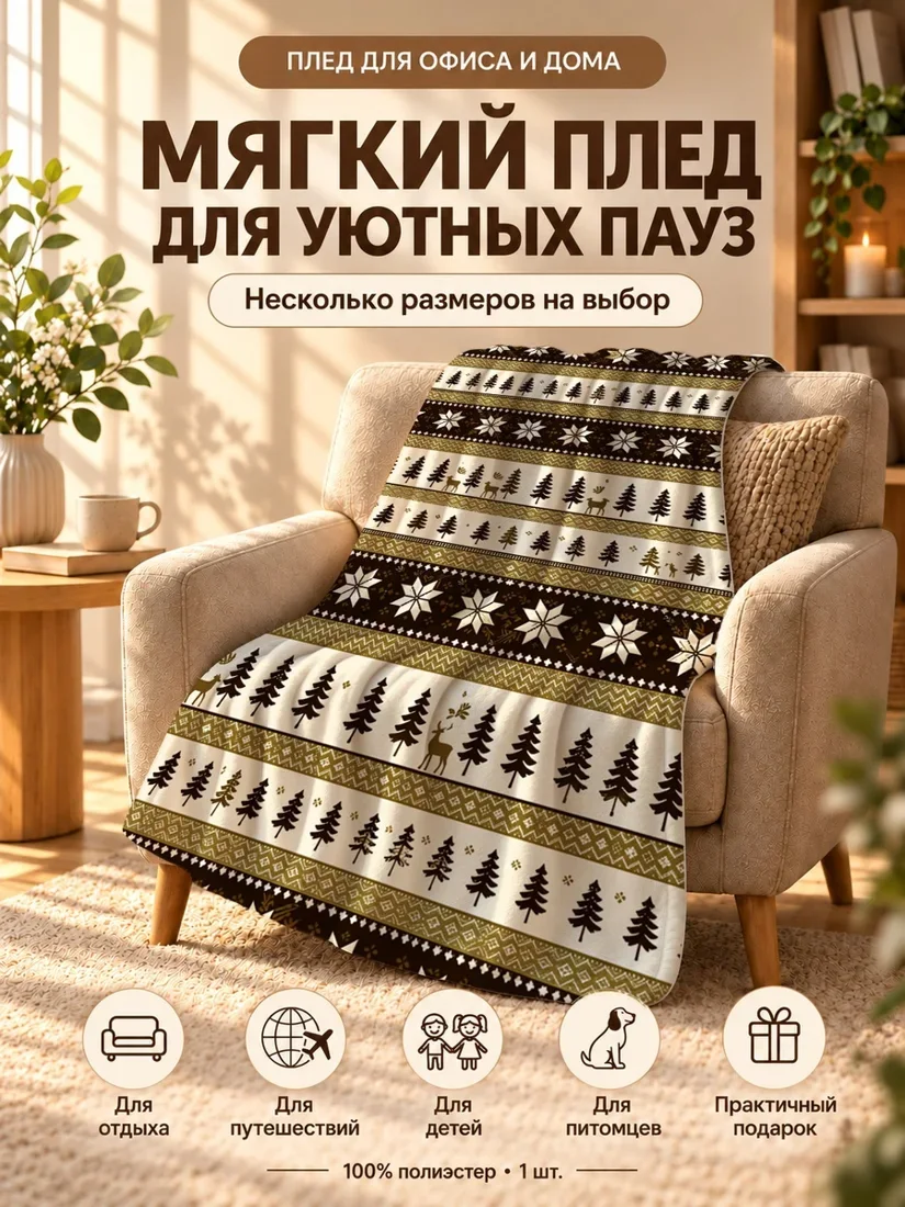 Плед с елочками и оленями на бежево-коричневом фоне 100×150 см