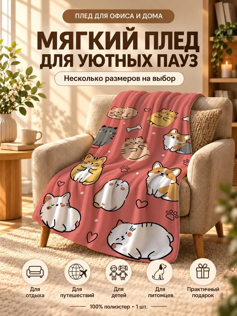 Плед с мультяшными котами и корги, костями и сердечками на розовом фоне 80×120 см