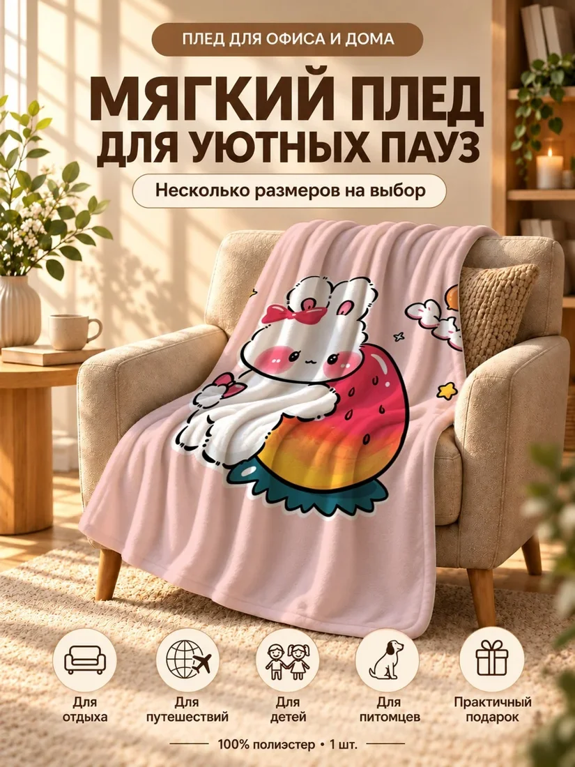 Плед с милым белым кроликом и большим красным яблоком на светло-розовом фоне 80×120 см